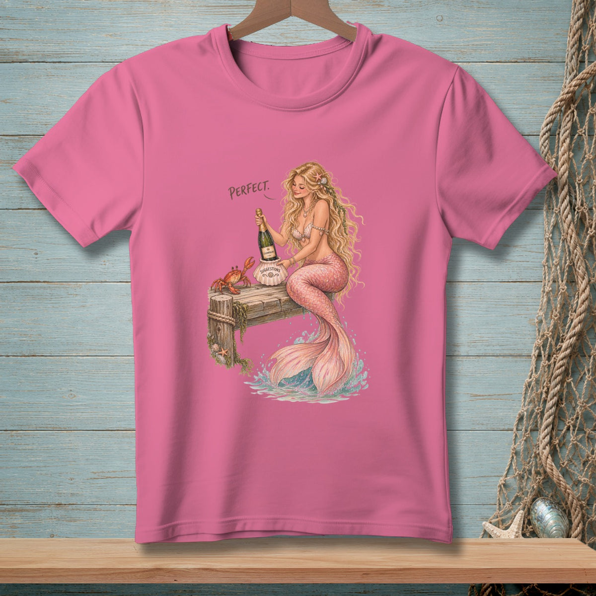 Mermaid with champagne bottle and crab on dock, says "PERFECT."