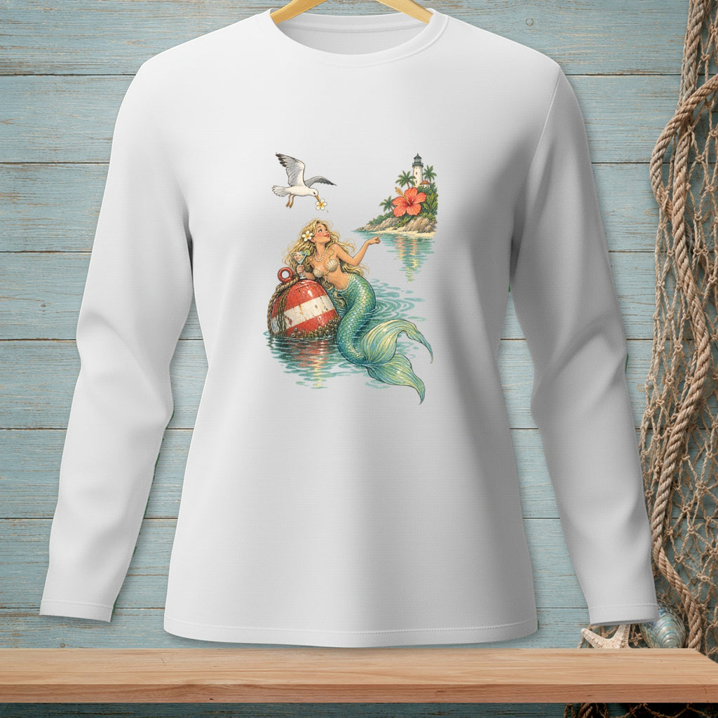 Long sleeve white shirt with a mermaid, buoy, seagull, and island scene graphic.
