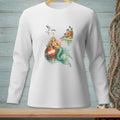 Long sleeve white shirt with a mermaid, buoy, seagull, and island scene graphic.