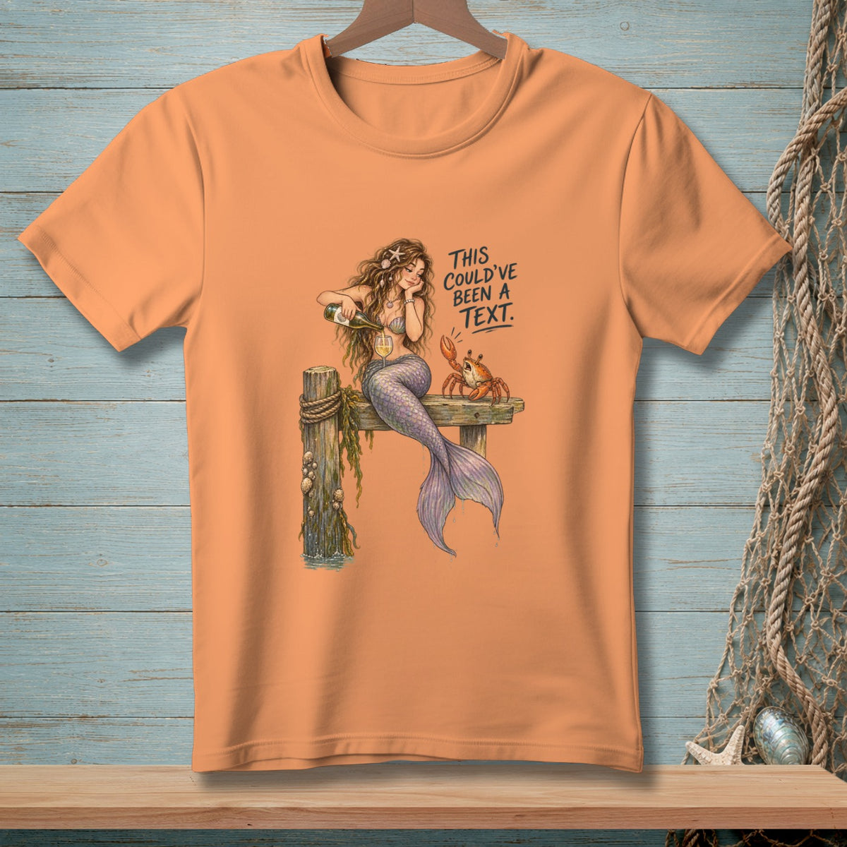 Mermaid pouring wine with a crab, with text "This could've been a text."