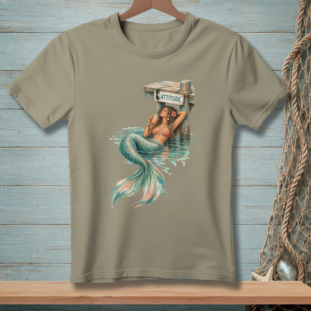 Mermaid relaxing by a dock with "ATTITUDE" sign, holding a drink.
