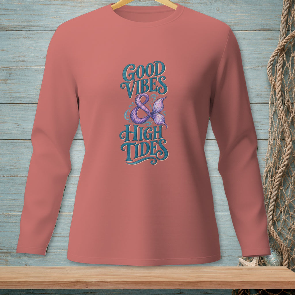 Salmon long-sleeve shirt with "Good Vibes & High Tides" and mermaid tail graphic.
