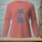 Salmon long-sleeve shirt with "Good Vibes & High Tides" and mermaid tail graphic.