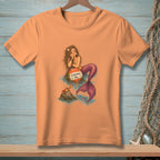 Peach t-shirt with mermaid, buoy, and crab graphic that reads "Convince Me."