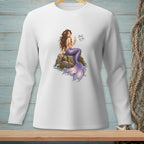 White long-sleeve shirt with a mermaid illustration holding champagne, reading "Bold of You."