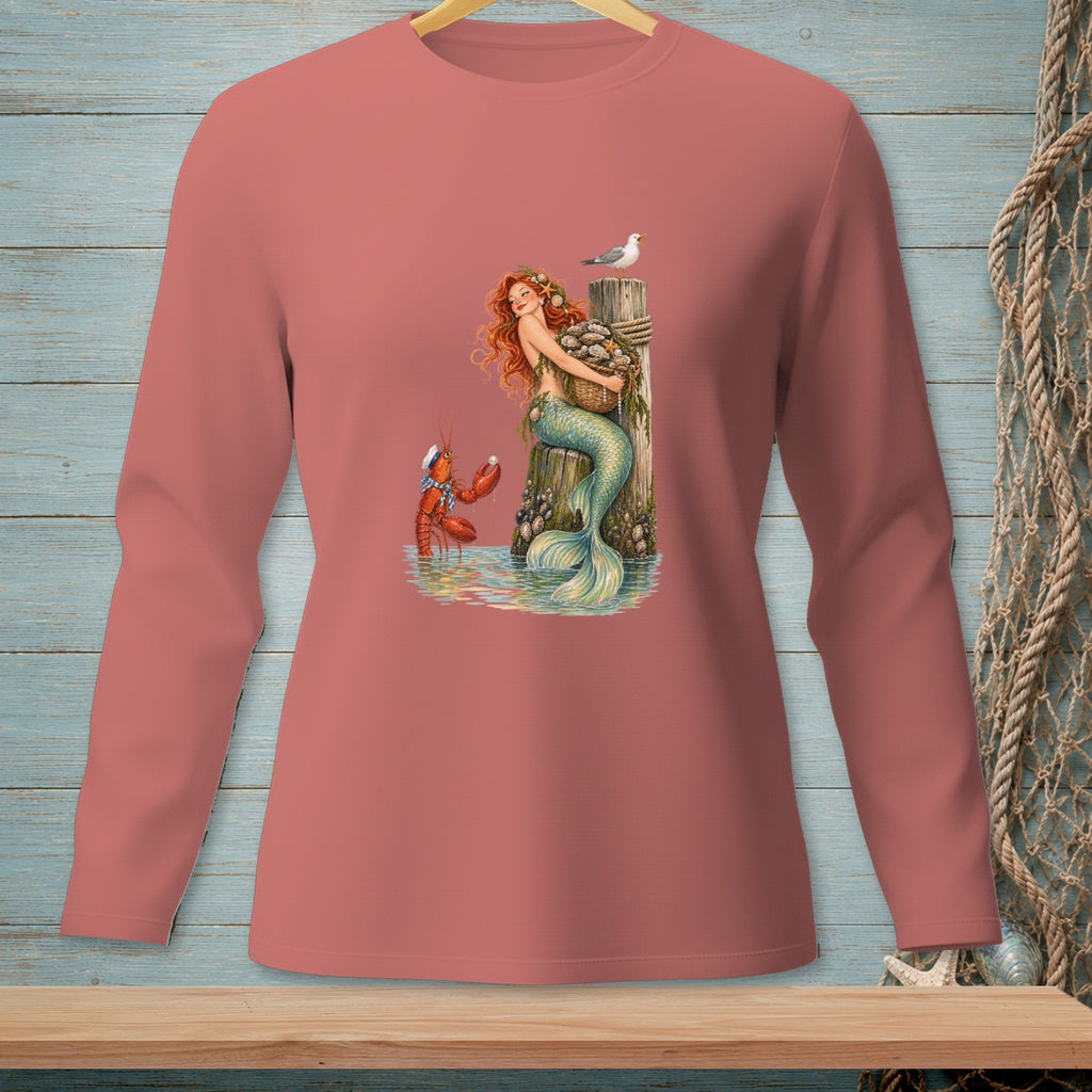 Mermaid holding oyster basket with lobster and seagull by wooden post.