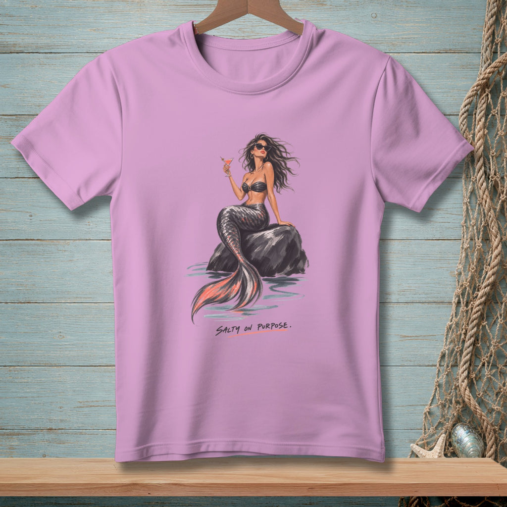 Purple t-shirt with a mermaid holding a drink, text "Salty on Purpose".