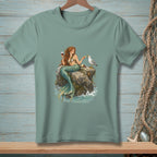 Mermaid with red hair sitting on a rock with wine and food, feeding a seagull.