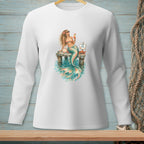 Illustration of a mermaid sitting on a dock with a drink, text reads "SHARE THE SPACE."