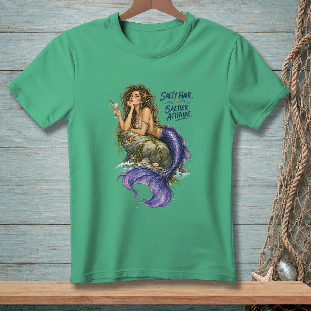 Green t-shirt with a mermaid illustration and text "Salty Hair. Saltier Attitude."