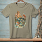 T-shirt graphic of a mermaid with coffee, books, and a crab on a pier.