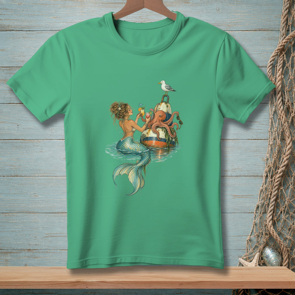 Mermaid holding drinks with octopus and seagull on a buoy.