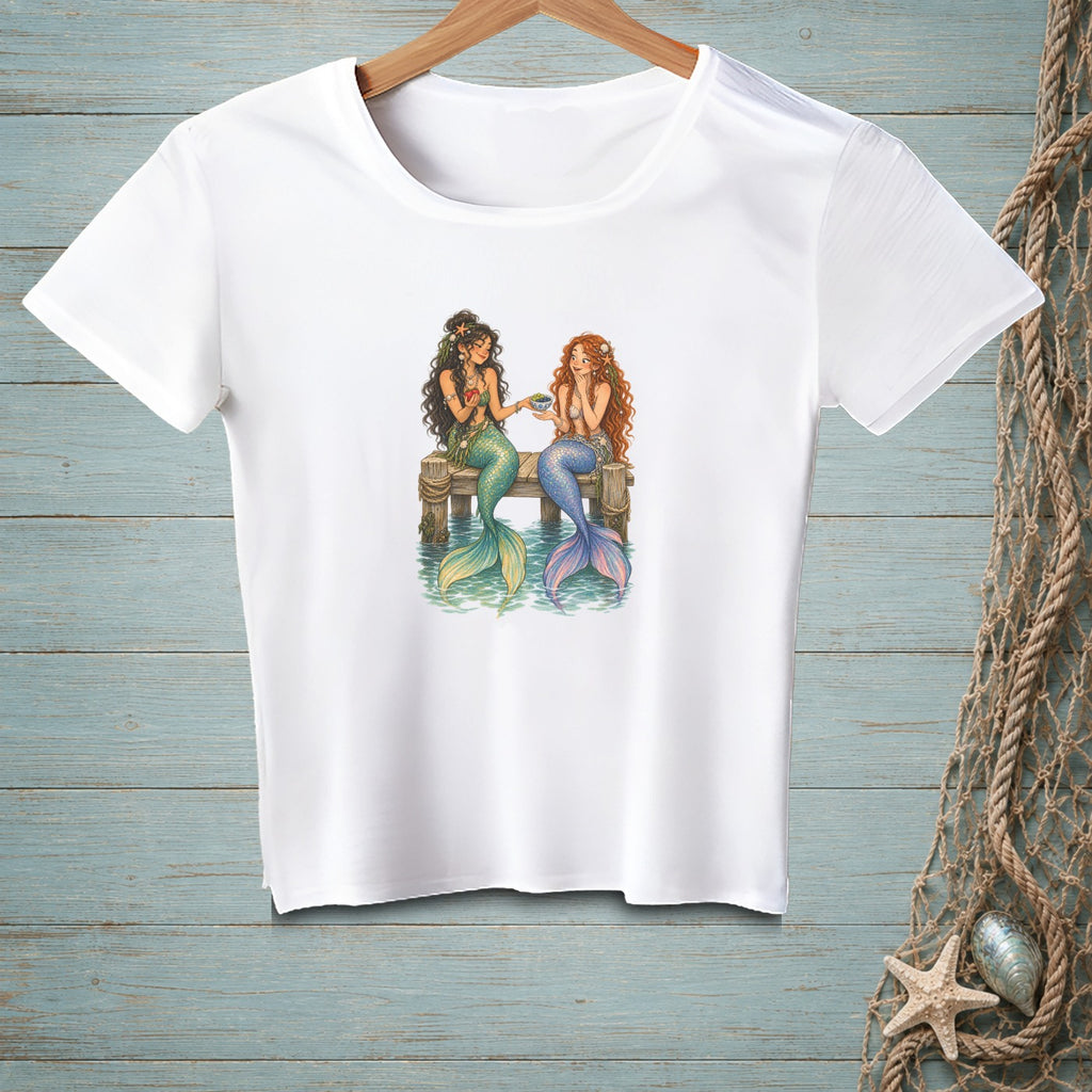 White t-shirt with an illustration of two mermaids sitting on a dock.