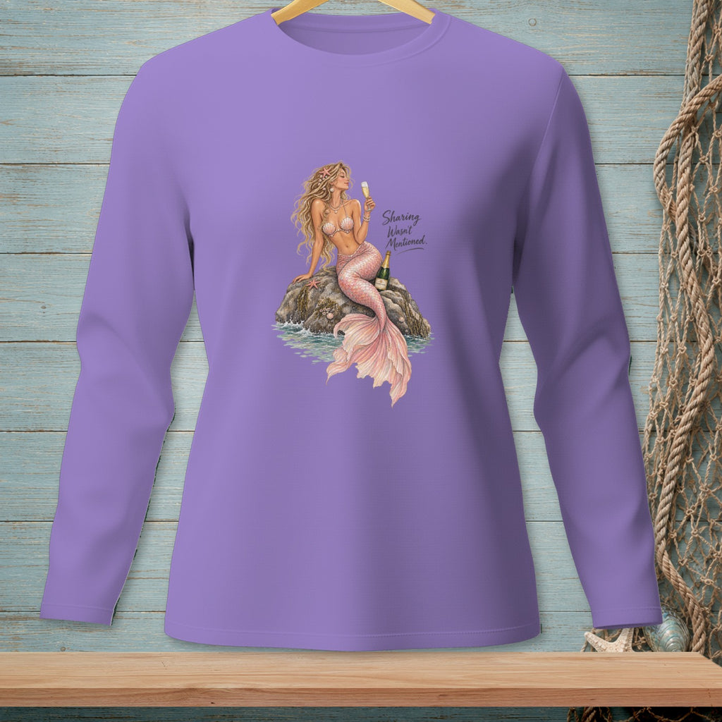 Purple long-sleeve shirt with a mermaid holding champagne, and text "Sharing Wasn't Mentioned."