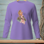 Purple long-sleeve shirt with a mermaid holding champagne, and text "Sharing Wasn't Mentioned."