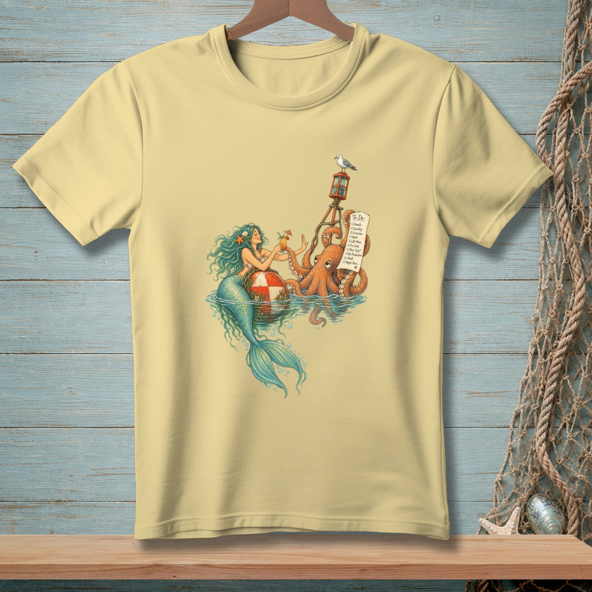 Light yellow t-shirt with a mermaid and octopus on a buoy with a "To Do" list.
