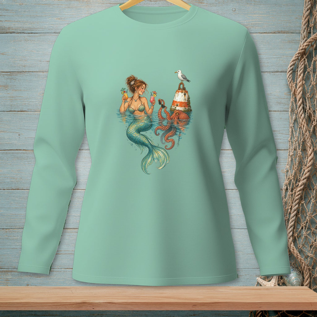 Mermaid with octopus and lighthouse enjoying cocktails with a seagull.