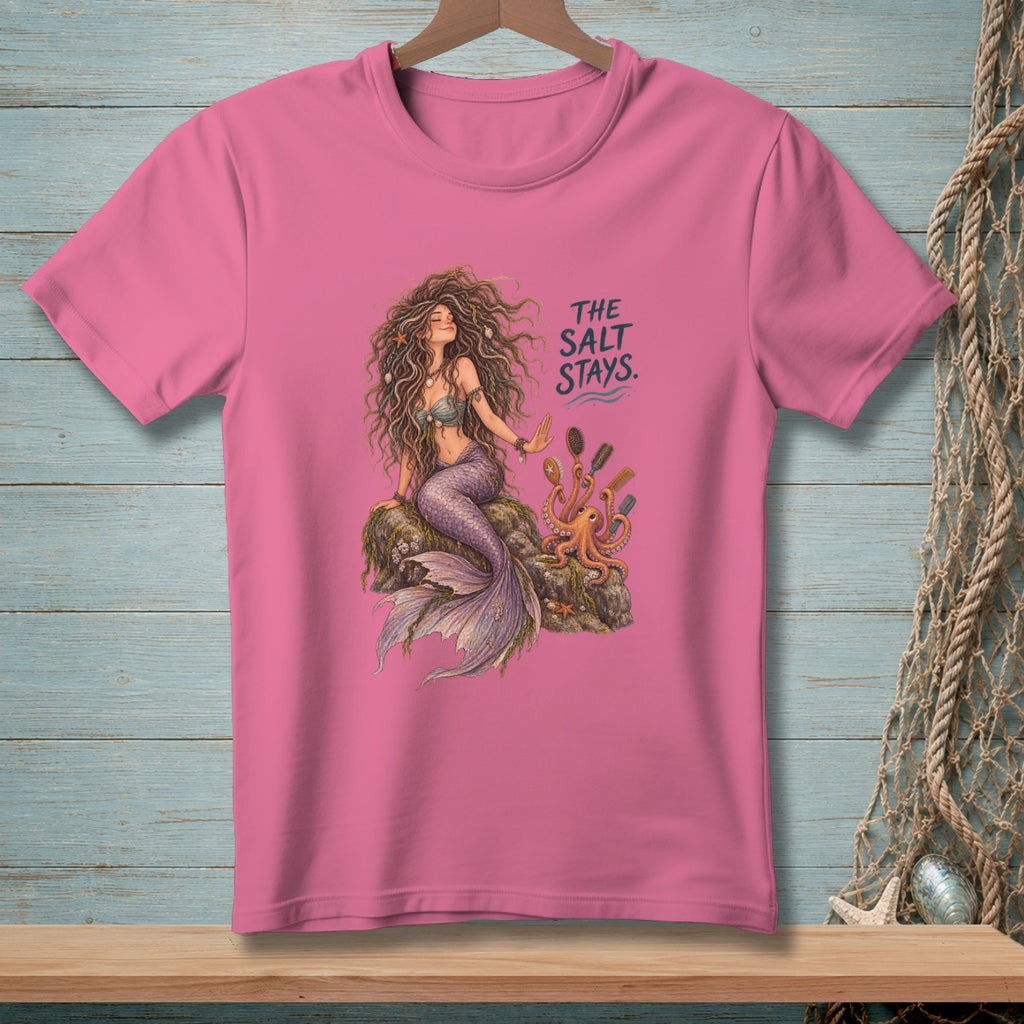 Pink t-shirt with mermaid, octopus, and "The Salt Stays" text.