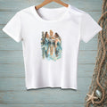 White t-shirt with illustration of three mermaids gathered on a dock.