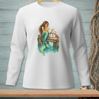 Mermaid reading a letter on a pier with a crab and drink.