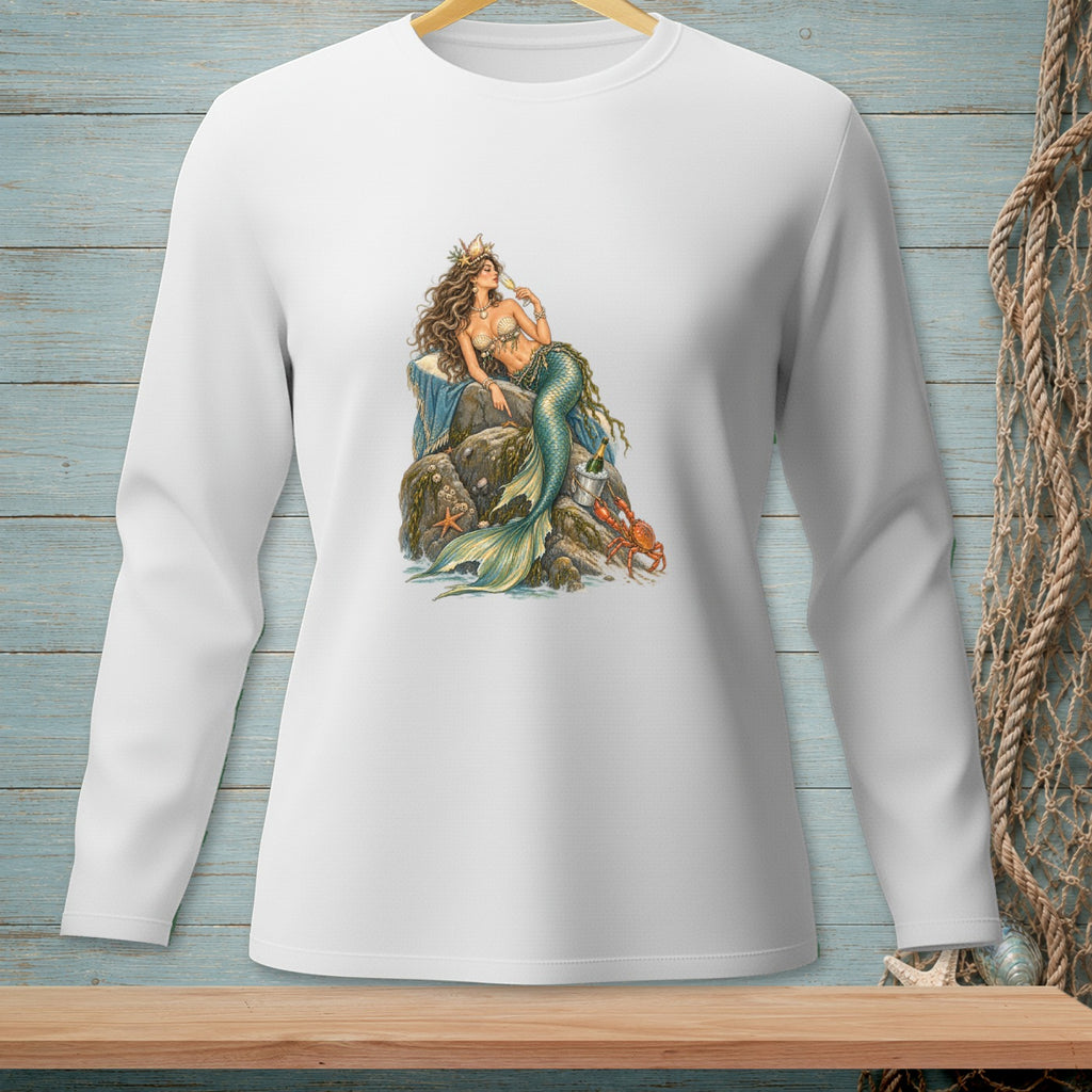 White long-sleeve shirt with a detailed mermaid sitting on rocks, drinking champagne.