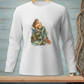 White long-sleeve shirt with a detailed mermaid sitting on rocks, drinking champagne.