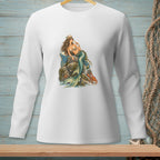 White long-sleeve shirt with a detailed mermaid sitting on rocks, drinking champagne.