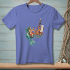 A periwinkle t-shirt featuring an illustration of a mermaid, an octopus holding a to-do list, and a lighthouse.