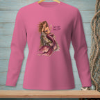 Pink long-sleeve shirt with mermaid graphic and text "Salty Hair Fancy Drink."