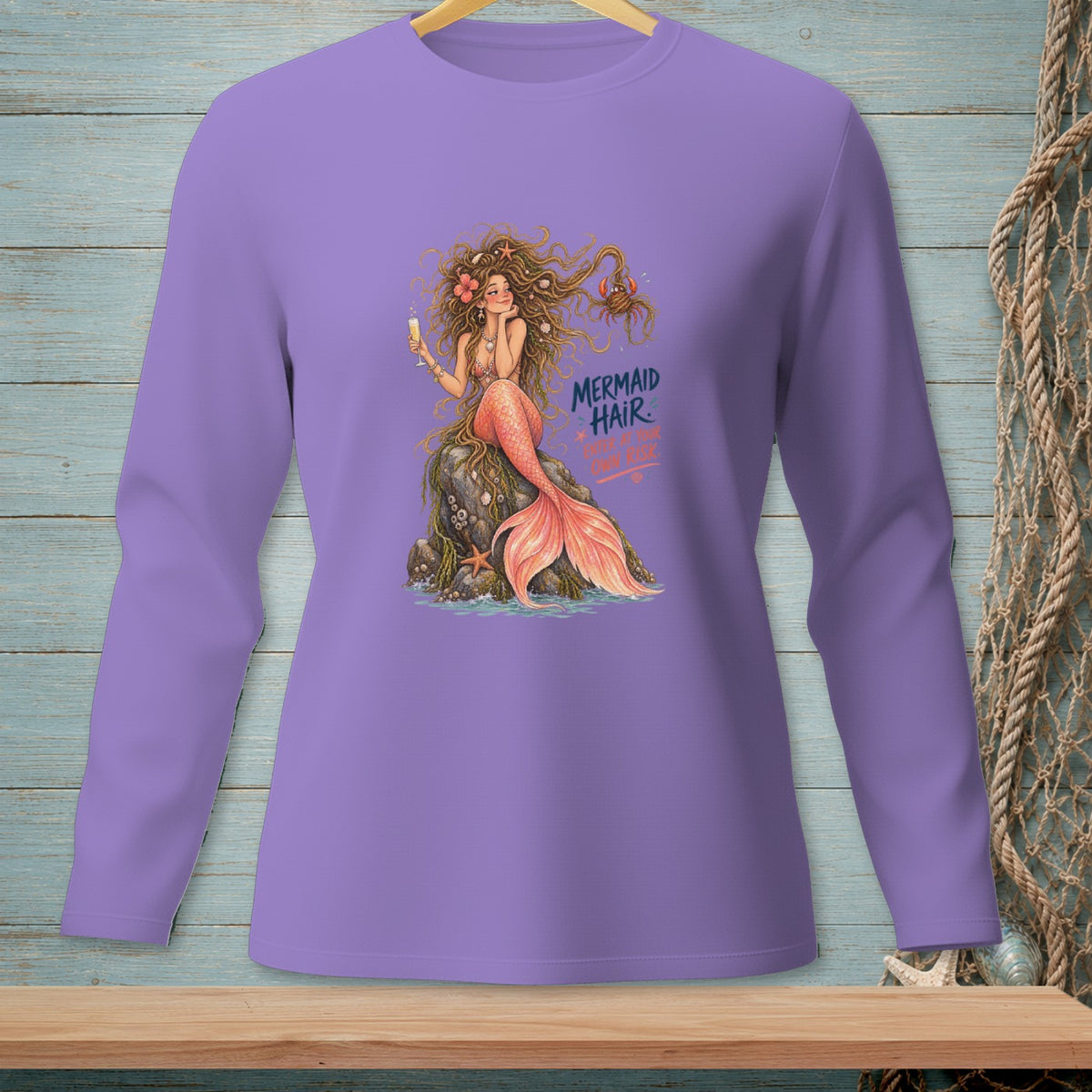 Purple long-sleeve shirt with mermaid illustration and "Mermaid Hair" text.
