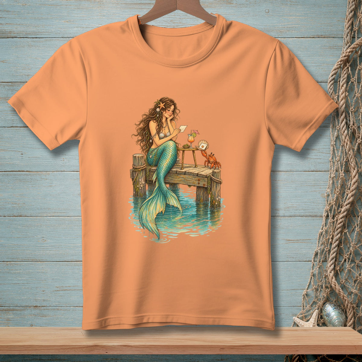 Mermaid sitting on a dock reading mail with a crab and cocktail.