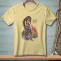 Pale yellow t-shirt with a mermaid and lobster graphic with text "A FOR EFFORT."