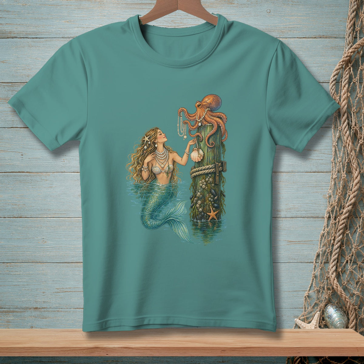 Mermaid and octopus share pearls on a wooden post, with seashells and starfish accents.
