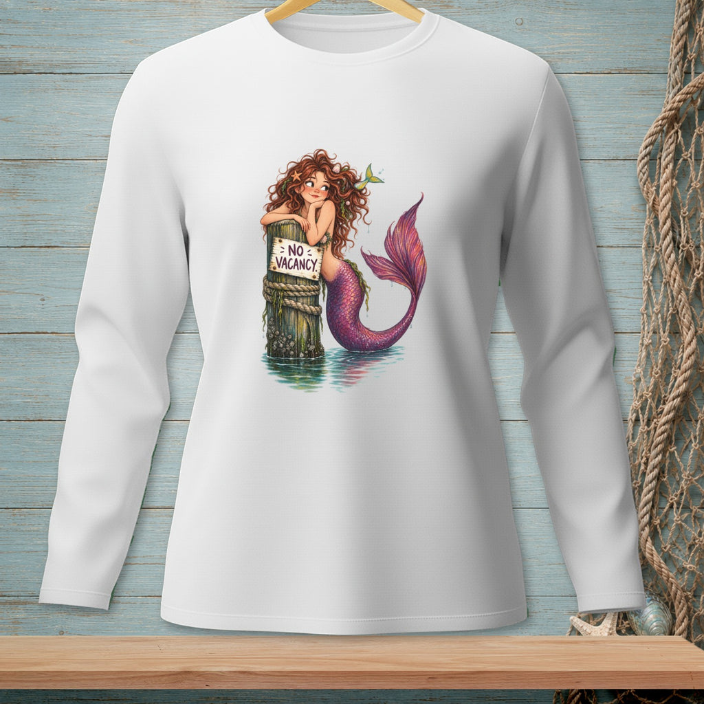 Mermaid leaning on a post with "No Vacancy" sign in water.