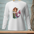 Mermaid leaning on a post with "No Vacancy" sign in water.