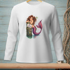Mermaid leaning on a post with "No Vacancy" sign in water.