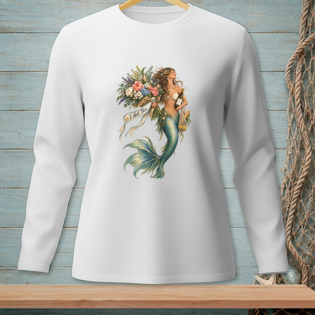 Mermaid with bouquet, wine bottle, and bread on white long-sleeve shirt with "I Got This."