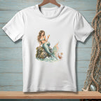 White t-shirt with watercolor print of a mermaid holding a cocktail and a crab with a "BE NICE" sign.