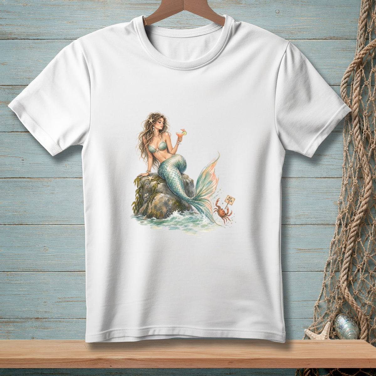 White t-shirt with watercolor print of a mermaid holding a cocktail and a crab with a "BE NICE" sign.
