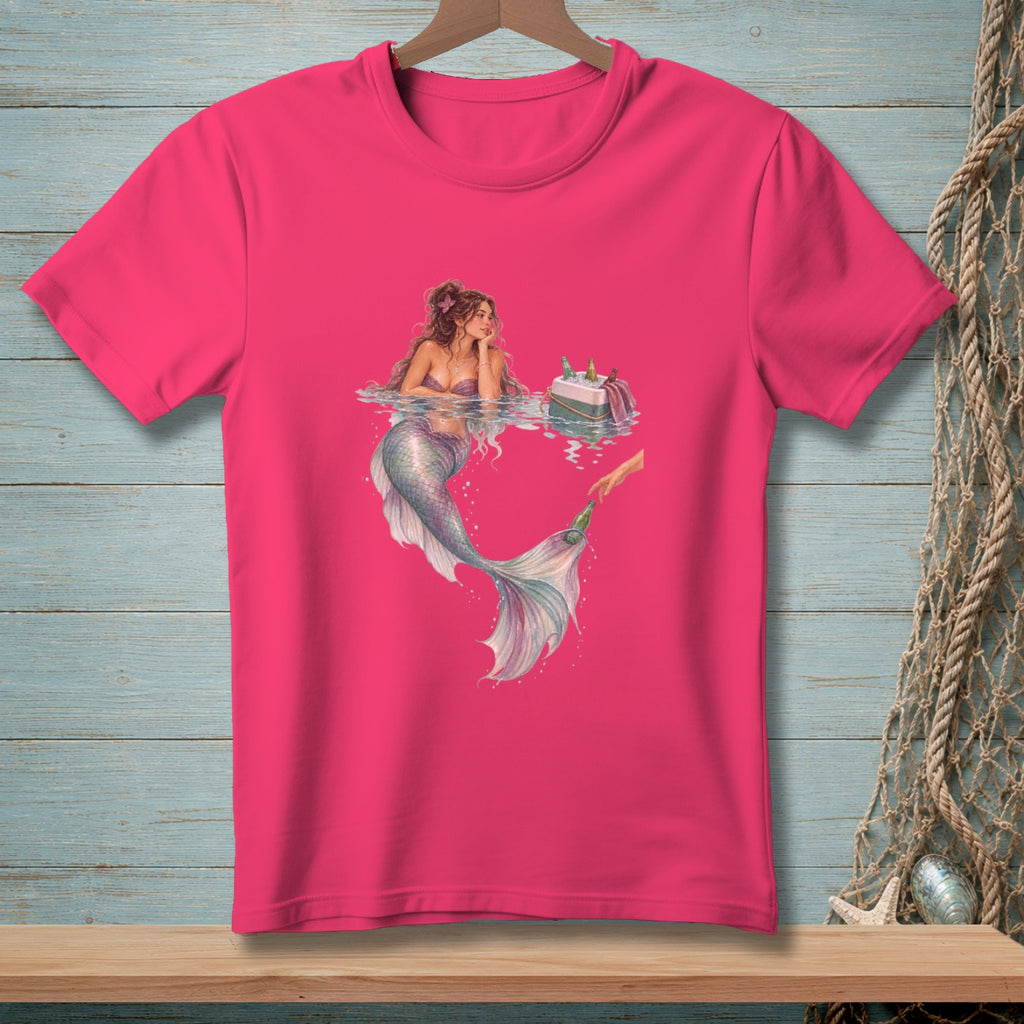 Mermaid by cooler with bottles, reaching for champagne bottle from hand.