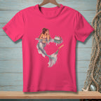 Mermaid by cooler with bottles, reaching for champagne bottle from hand.