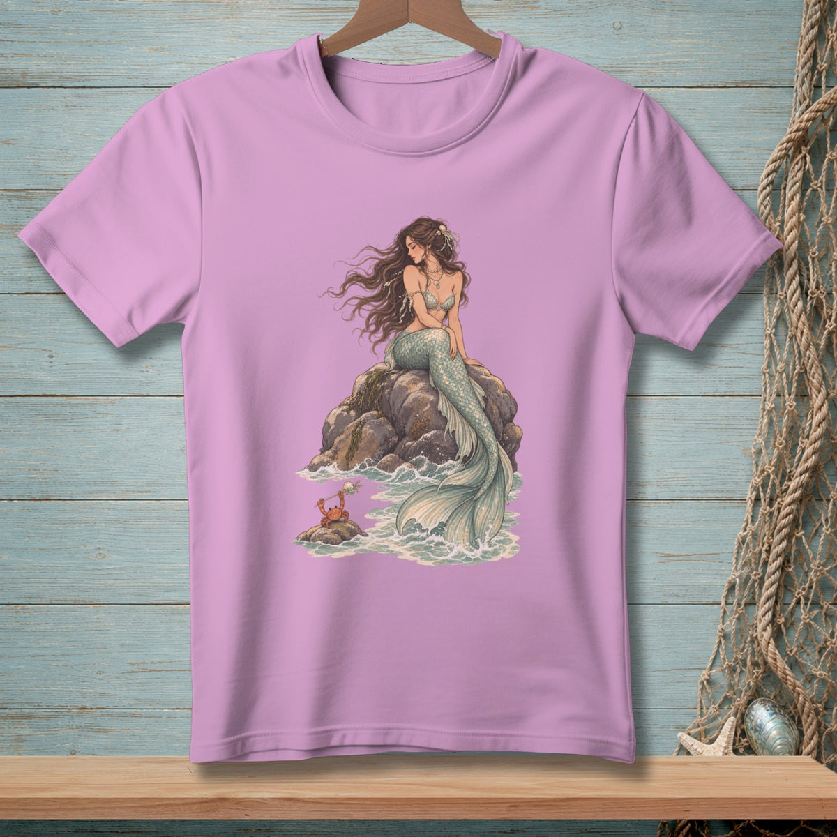 Illustration of a mermaid on a rock with a crab on a smaller rock nearby.