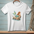 White t-shirt with a watercolor illustration of a mermaid and a seagull on a rock.