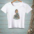 White t-shirt with mermaid illustration sitting on a rock with a crab and sign.