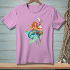 Mermaid with a drink and fish, on a bell buoy with a seagull.