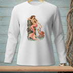 Mermaid with octopus sits on a dock, holding a seashell.