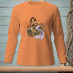 Orange long-sleeve shirt with a mermaid sitting on a rock with a crab and picnic basket.