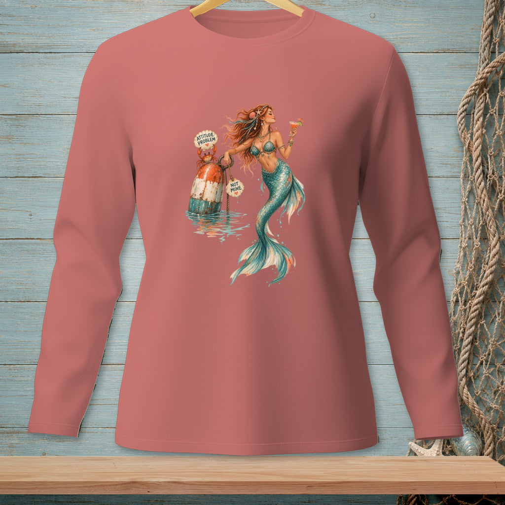 Mermaid holding cocktail near buoy with "ATTITUDE PROBLEM" and "NOT MINE" text.