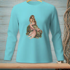 Teal long-sleeve shirt featuring a detailed illustration of a mermaid sitting on a rock.