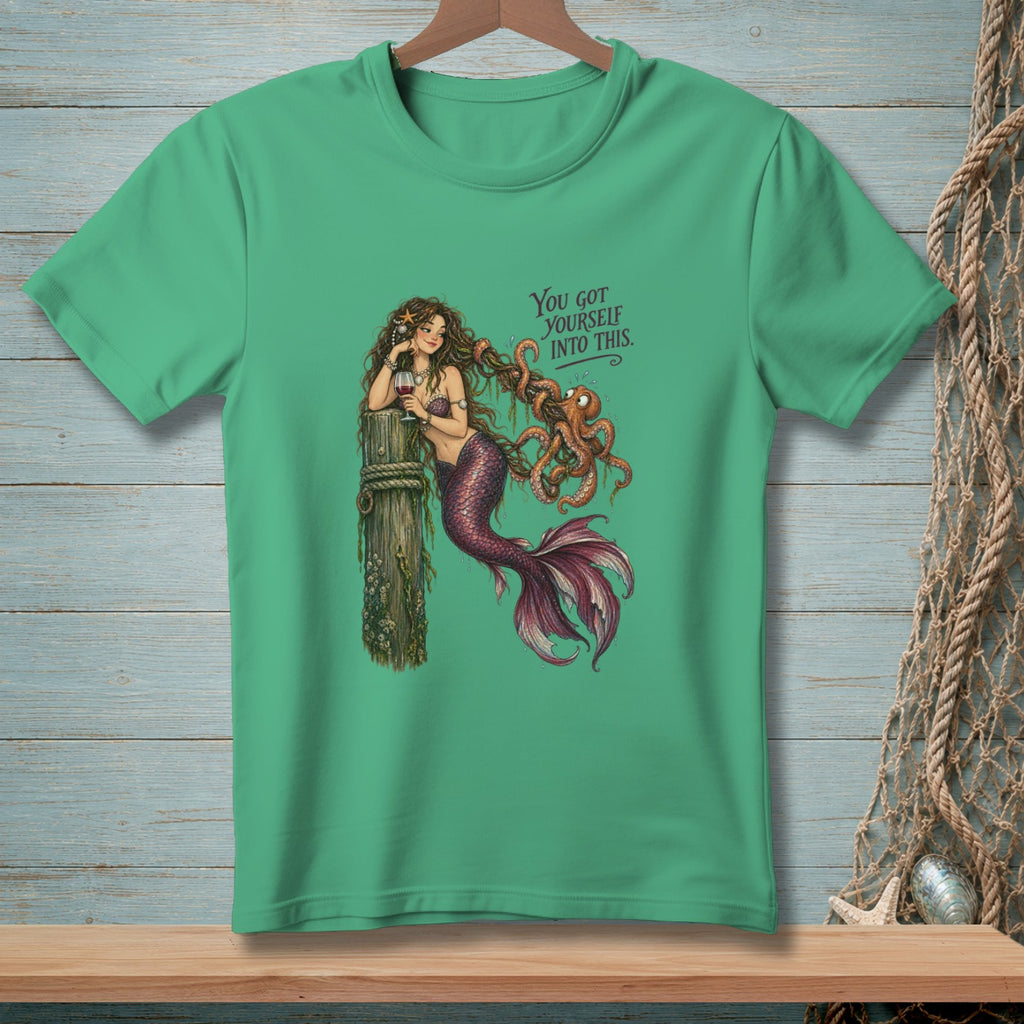 Mermaid tangled with octopus on a post, with text "You got yourself into this".